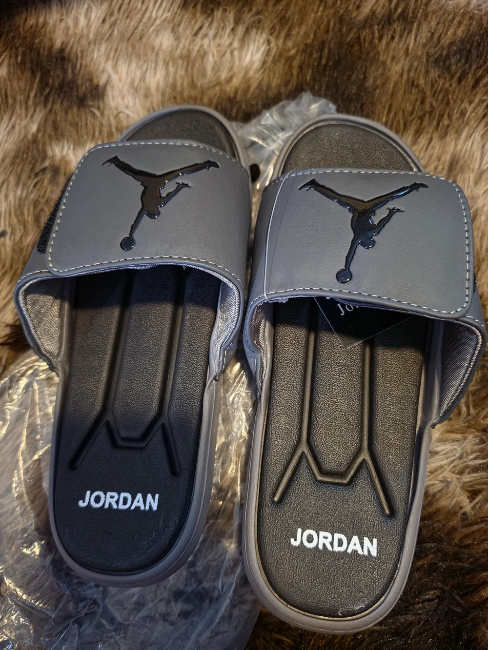 Jordan Men's Gray and Black Slide Sandals with Glossy Jumpman